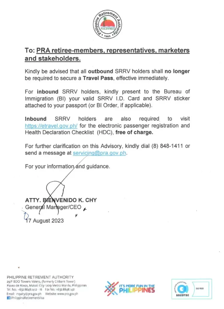 PRA SRRV Travel Requirements